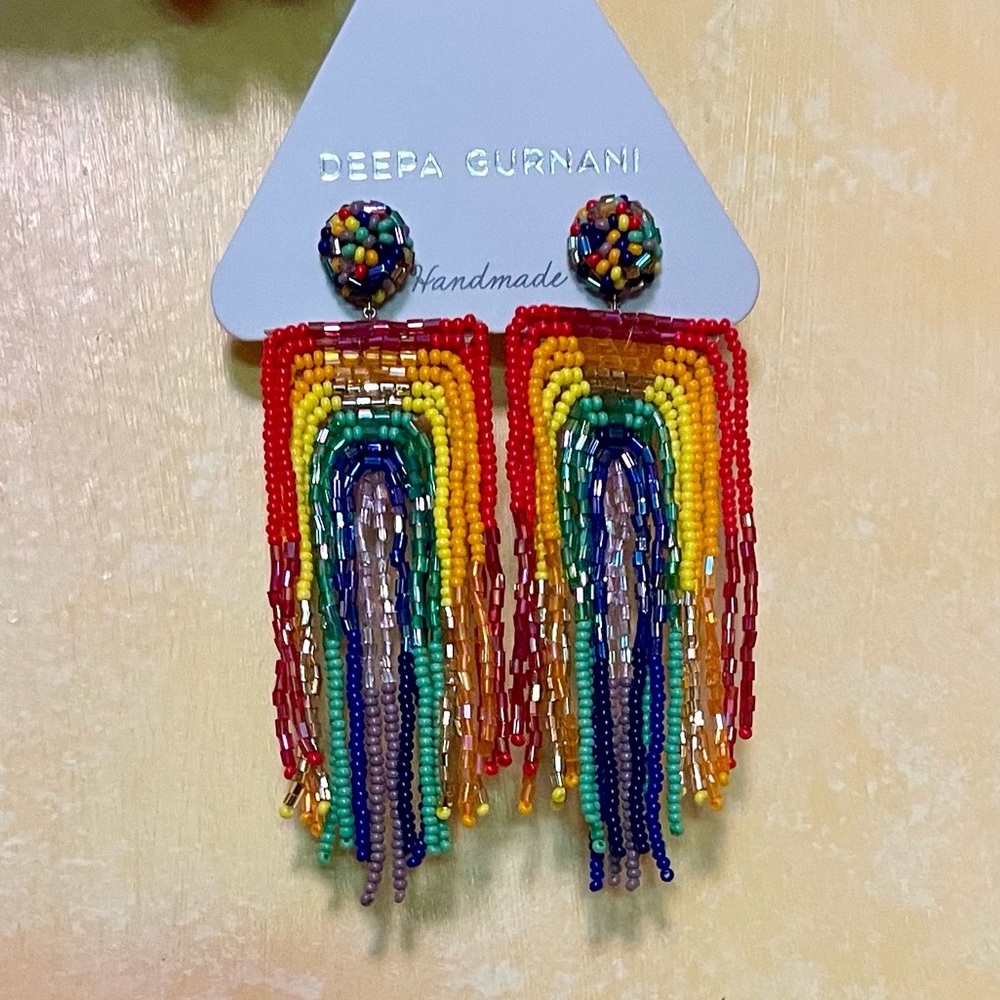 NWT Deepa Gurnani Anthropoligie Rainbow Beaded Fringe Chandelier Earrings